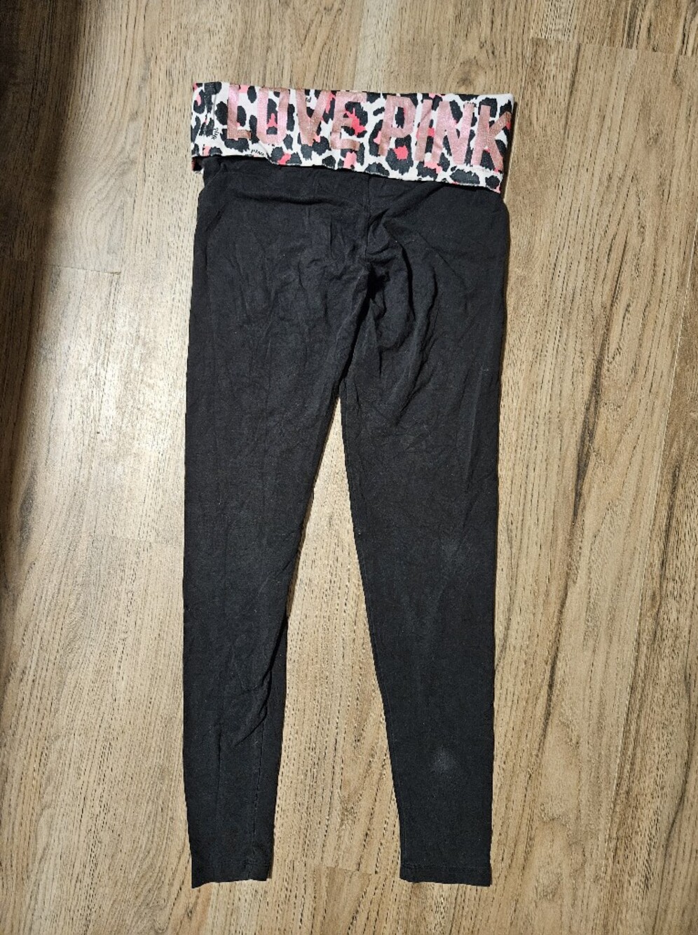 PINK Victoria's Secret Black Yoga Leggings with Pink Leopard Fold-Over Waistband